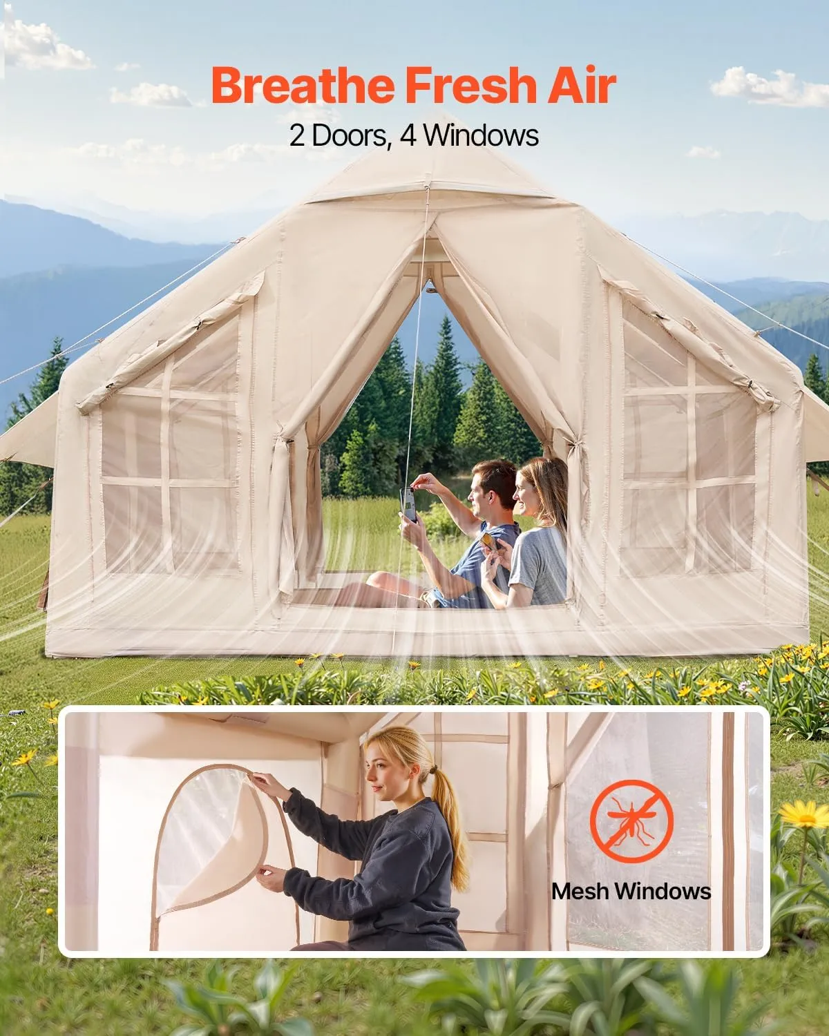 VEVOR Inflatable Tents for Camping, Easy Setup Blow up Tent with Hand Pump, 4 Season Glamping Tent with Stove Jack, Doors & Mesh Windows, Storage Bag Included for Easy Taking