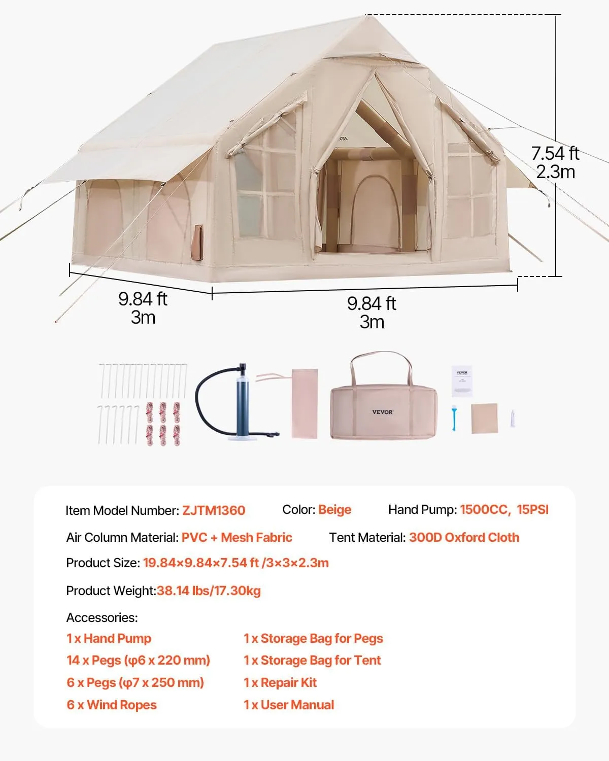 VEVOR Inflatable Tents for Camping, Easy Setup Blow up Tent with Hand Pump, 4 Season Glamping Tent with Stove Jack, Doors & Mesh Windows, Storage Bag Included for Easy Taking