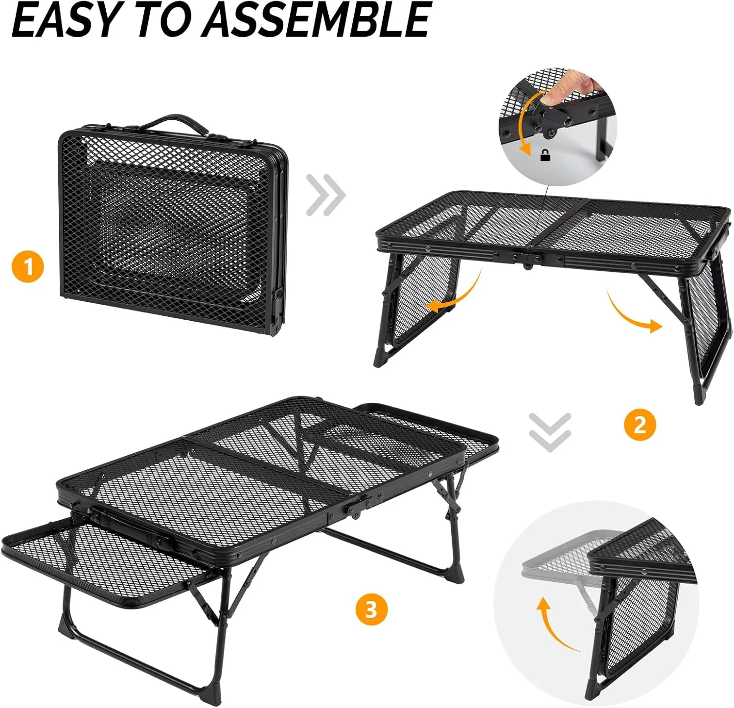 VINGLI Folding Grill Table, Outdoor Foldable Camping Table, 3 ft Portable Picnic Table with Wing Panels & Mesh Tabletop, Lightweight Aluminum Tables, Easy Carry for Outside BBQ, Beach, Yard, Black