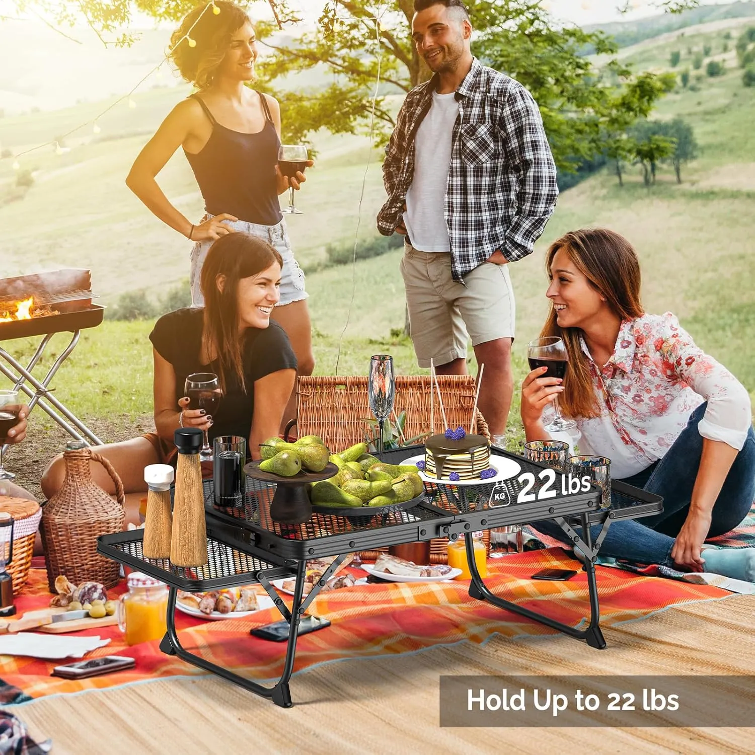 VINGLI Folding Grill Table, Outdoor Foldable Camping Table, 3 ft Portable Picnic Table with Wing Panels & Mesh Tabletop, Lightweight Aluminum Tables, Easy Carry for Outside BBQ, Beach, Yard, Black