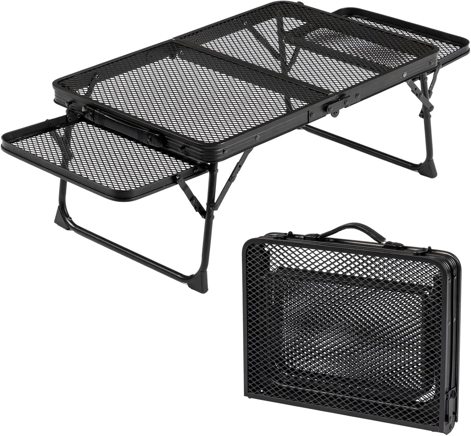 VINGLI Folding Grill Table, Outdoor Foldable Camping Table, 3 ft Portable Picnic Table with Wing Panels & Mesh Tabletop, Lightweight Aluminum Tables, Easy Carry for Outside BBQ, Beach, Yard, Black