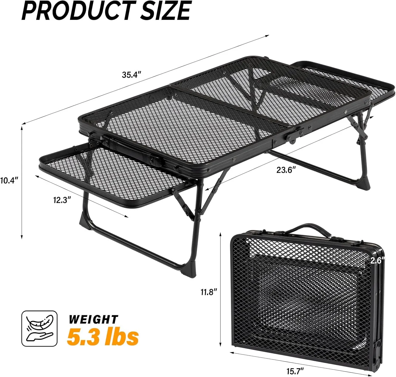 VINGLI Folding Grill Table, Outdoor Foldable Camping Table, 3 ft Portable Picnic Table with Wing Panels & Mesh Tabletop, Lightweight Aluminum Tables, Easy Carry for Outside BBQ, Beach, Yard, Black