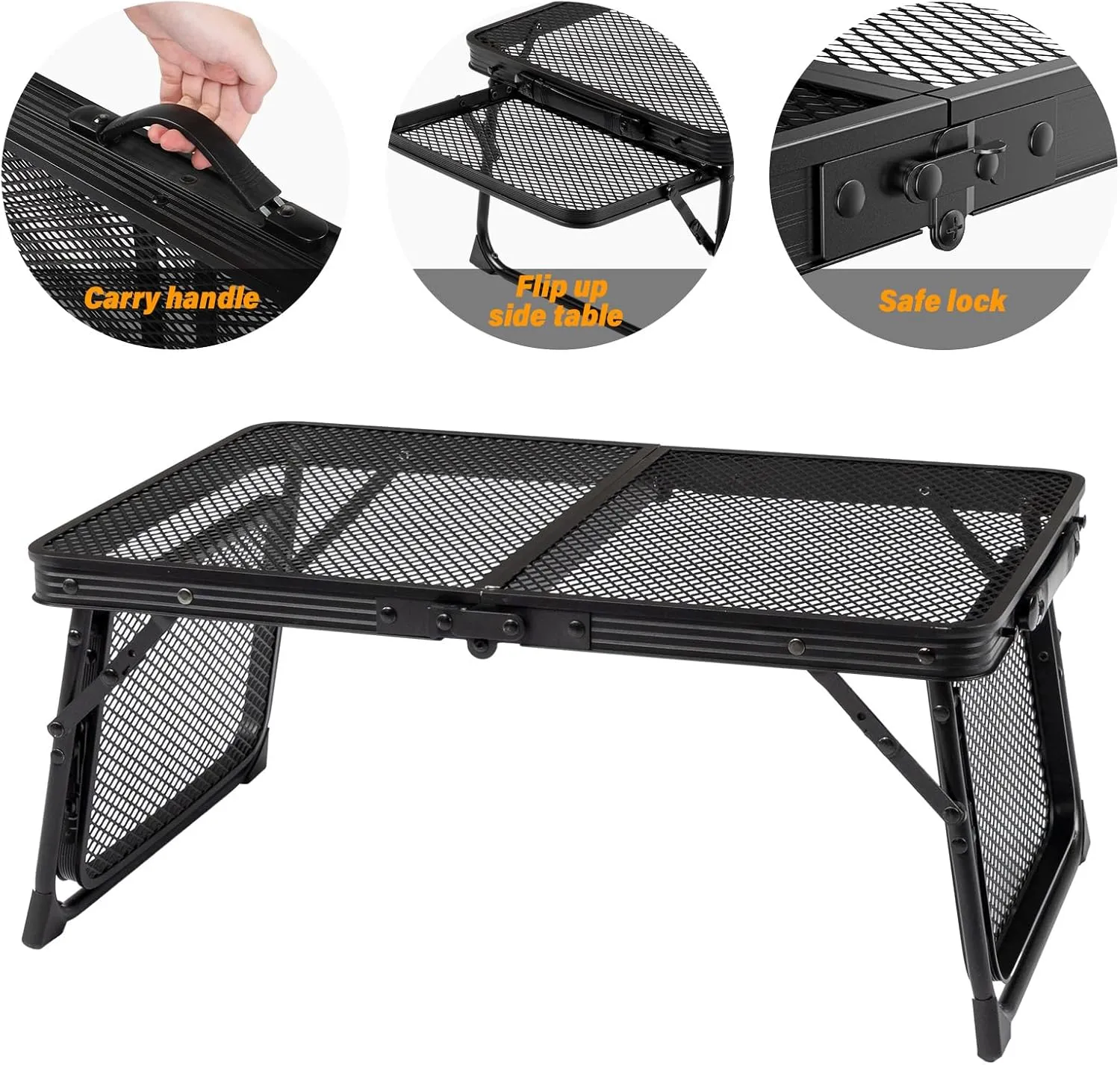 VINGLI Folding Grill Table, Outdoor Foldable Camping Table, 3 ft Portable Picnic Table with Wing Panels & Mesh Tabletop, Lightweight Aluminum Tables, Easy Carry for Outside BBQ, Beach, Yard, Black