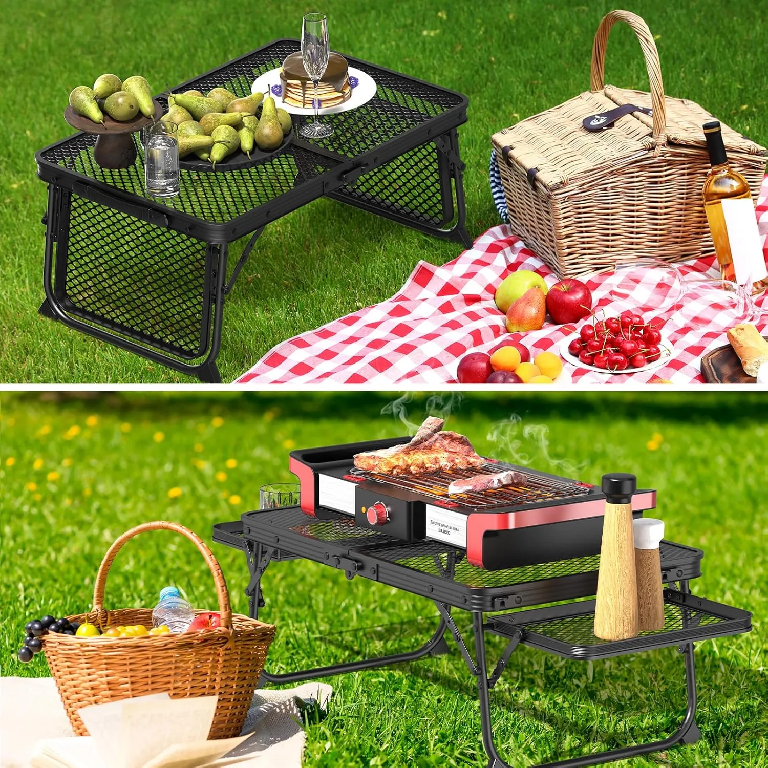 VINGLI Folding Grill Table, Outdoor Foldable Camping Table, 3 ft Portable Picnic Table with Wing Panels & Mesh Tabletop, Lightweight Aluminum Tables, Easy Carry for Outside BBQ, Beach, Yard, Black