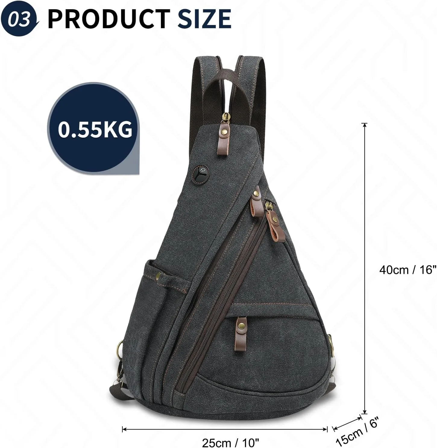 Vintage Canvas Sling Bag with Genuine Leather Zipper, 3 in 1 Crossbody, Backpack, and Chest Bag, for Travel, Hiking, 16x10x6 Inches, Black