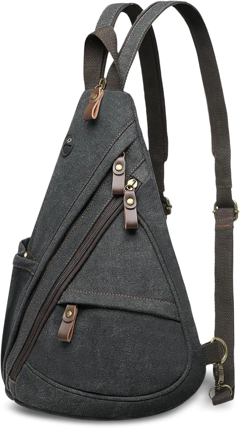 Vintage Canvas Sling Bag with Genuine Leather Zipper, 3 in 1 Crossbody, Backpack, and Chest Bag, for Travel, Hiking, 16x10x6 Inches, Black