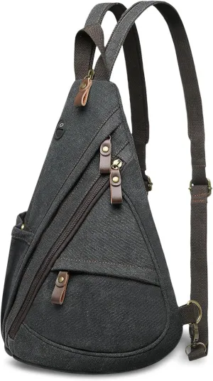 Vintage Canvas Sling Bag with Genuine Leather Zipper, 3 in 1 Crossbody, Backpack, and Chest Bag, for Travel, Hiking, 16x10x6 Inches, Black