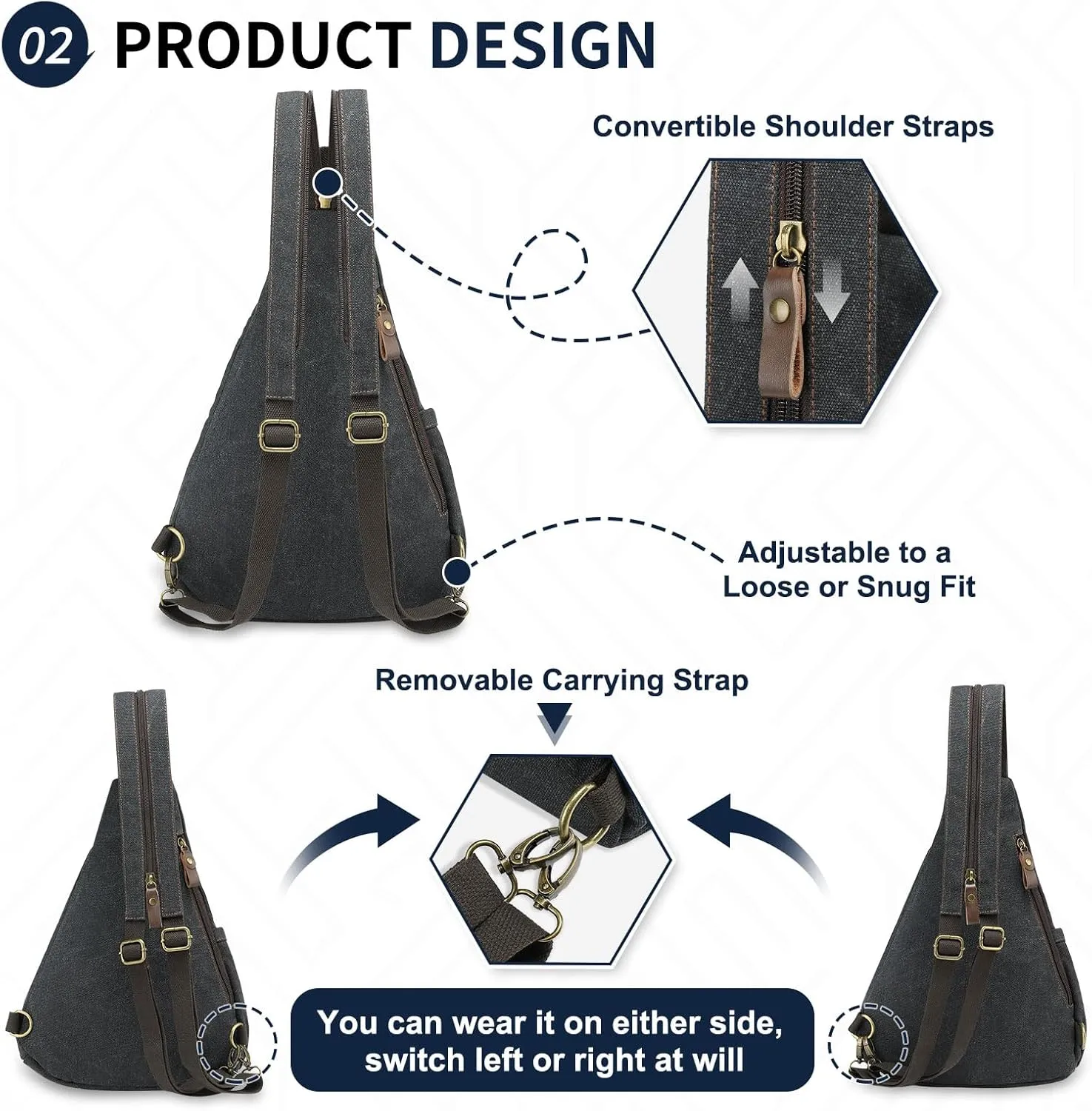 Vintage Canvas Sling Bag with Genuine Leather Zipper, 3 in 1 Crossbody, Backpack, and Chest Bag, for Travel, Hiking, 16x10x6 Inches, Black