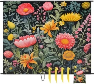 Vintage Flowers Beach Blanket, Sandproof Beach Mat, 68 x 59 Waterproof Quick Drying Sand Free Mat with 4 x Ground Spikes for Outdoor Travel Camping Hiking, Wild Floral