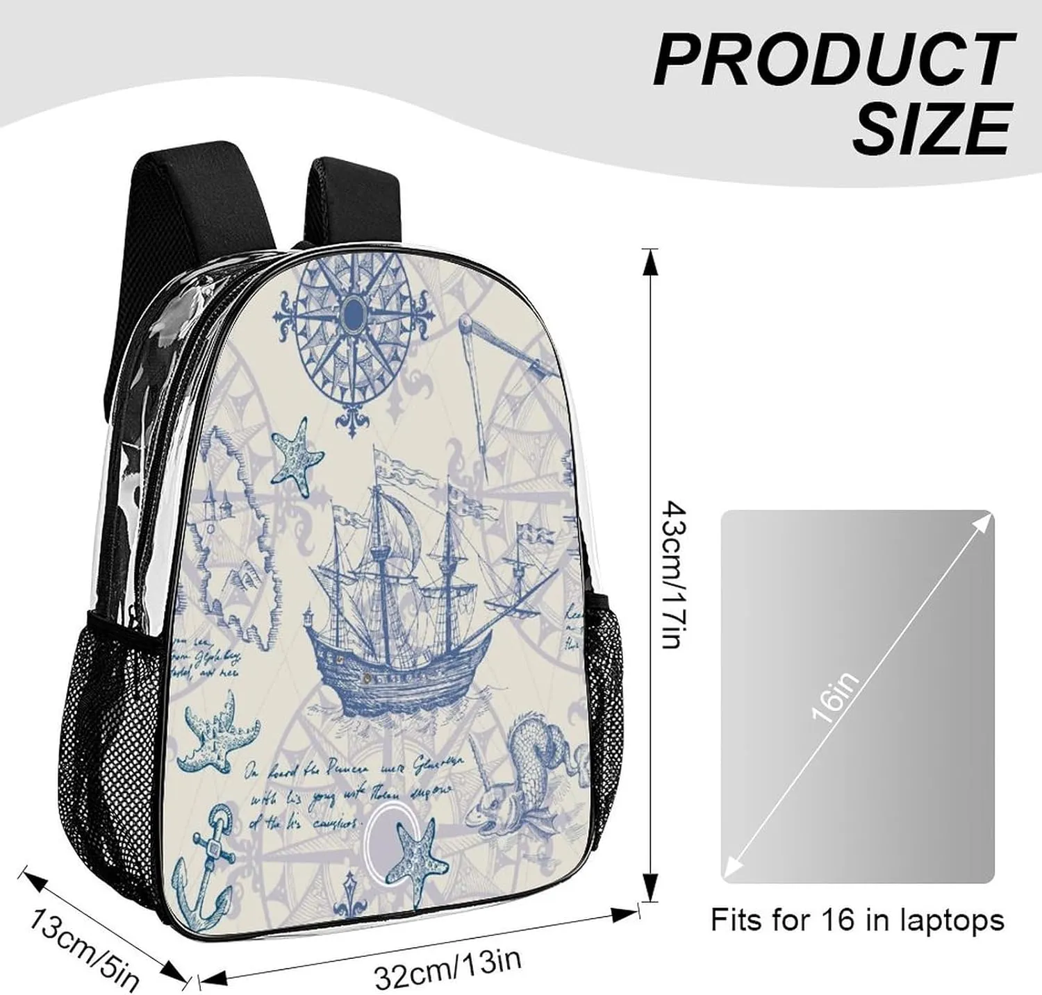 Vintage Sailboat Sea Clear Backpack PVC Water Resistant Retro Map Hiking Business Travel Transparent Durable Daypack for Women Men 43x32x13cm