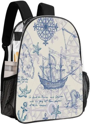 Vintage Sailboat Sea Clear Backpack PVC Water Resistant Retro Map Hiking Business Travel Transparent Durable Daypack for Women Men 43x32x13cm