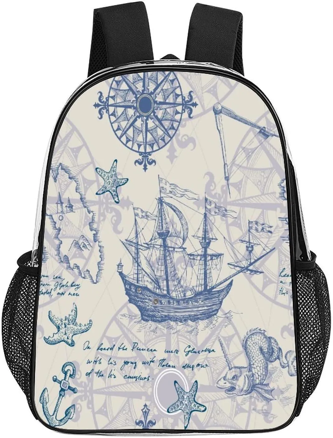 Vintage Sailboat Sea Clear Backpack PVC Water Resistant Retro Map Hiking Business Travel Transparent Durable Daypack for Women Men 43x32x13cm