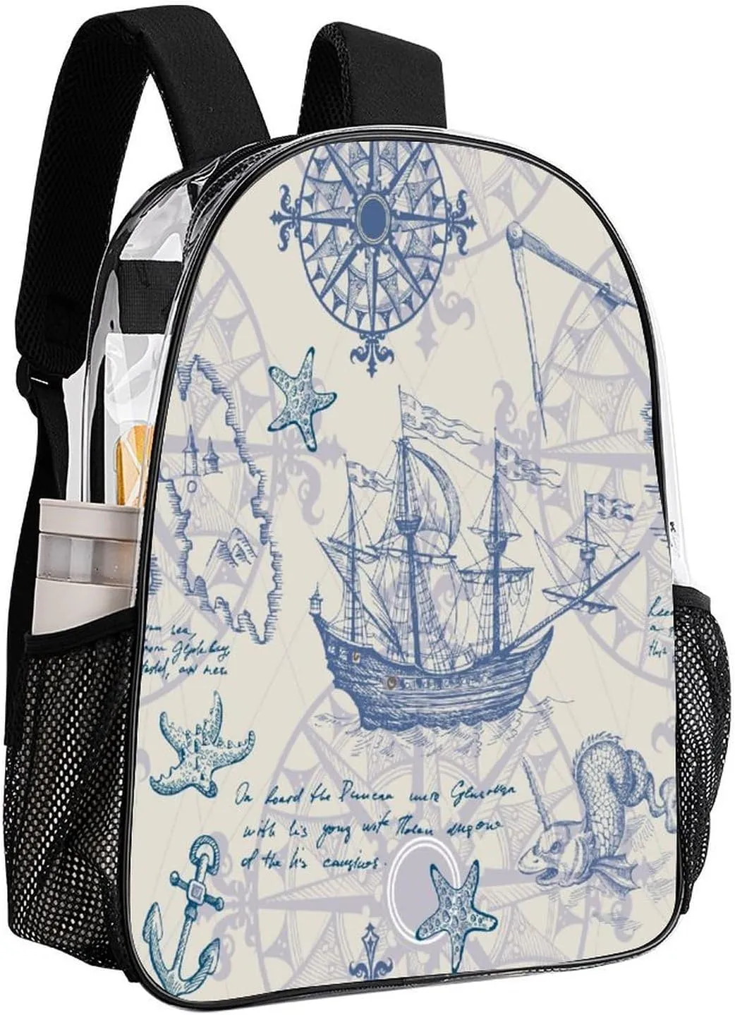 Vintage Sailboat Sea Clear Backpack PVC Water Resistant Retro Map Hiking Business Travel Transparent Durable Daypack for Women Men 43x32x13cm