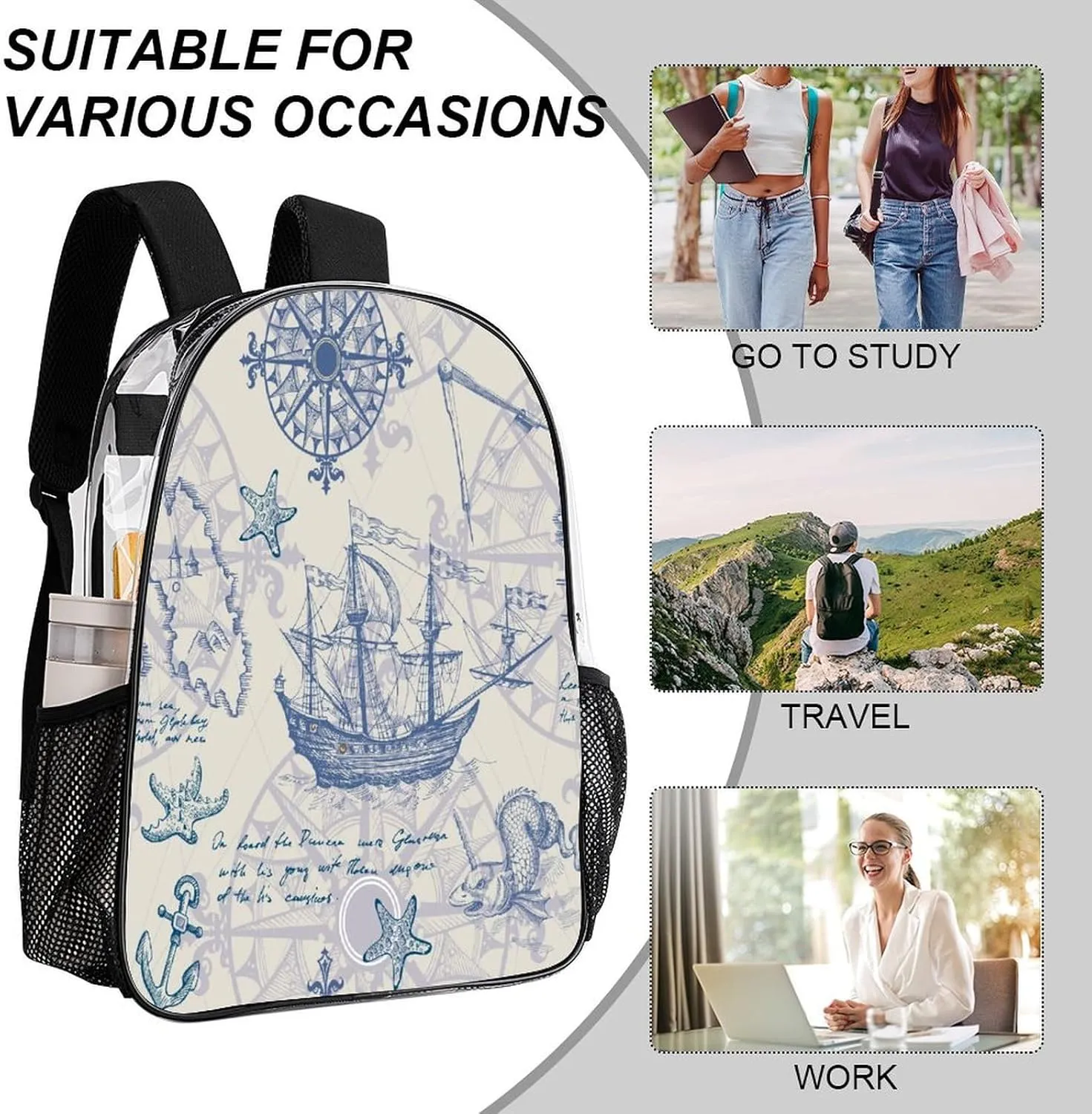 Vintage Sailboat Sea Clear Backpack PVC Water Resistant Retro Map Hiking Business Travel Transparent Durable Daypack for Women Men 43x32x13cm