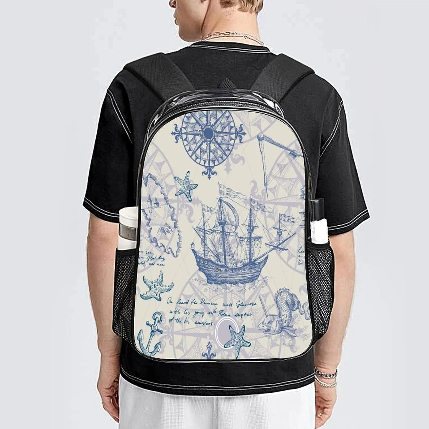 Vintage Sailboat Sea Clear Backpack PVC Water Resistant Retro Map Hiking Business Travel Transparent Durable Daypack for Women Men 43x32x13cm