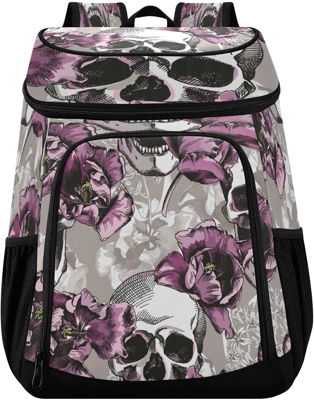 Violet Tulips Flowers and Gray Skulls Cooler Backpack Insulated Waterproof Leak Proof Beach Cooler Bag Lightweight Lunch Picnic Camping Backpack Cooler for Men and Women
