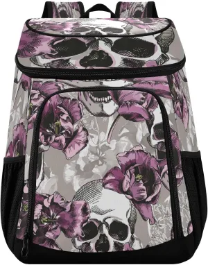 Violet Tulips Flowers and Gray Skulls Cooler Backpack Insulated Waterproof Leak Proof Beach Cooler Bag Lightweight Lunch Picnic Camping Backpack Cooler for Men and Women