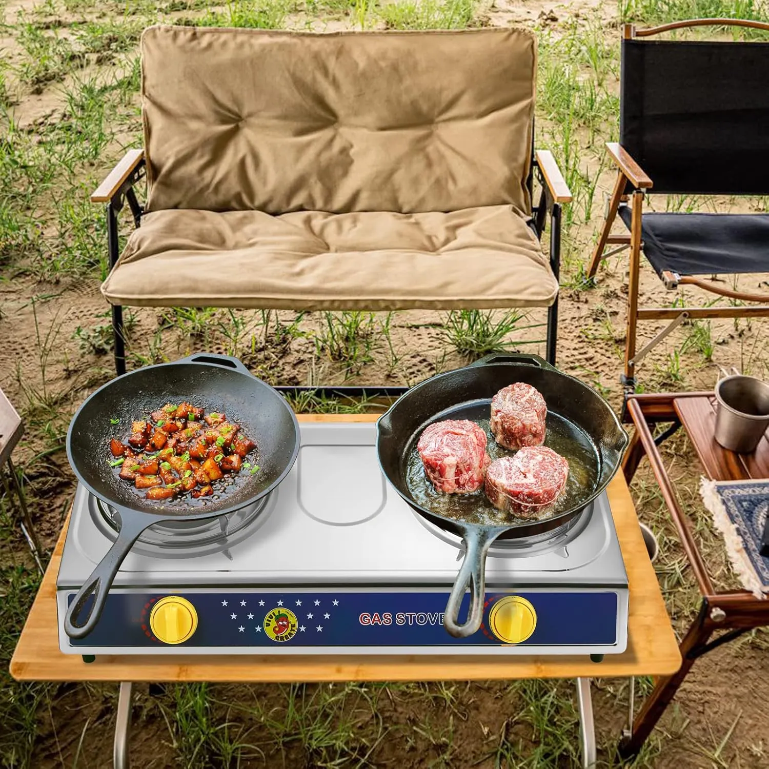 Vivicreate 2 Burner Propane Gas Stove Outdoor Cooking Portable Double Burner Propane Cooktop Gas Burners for Camping BBQ Patio Frying Fogon de Gas Estufa de Gas Portatil Parrillas de Gas