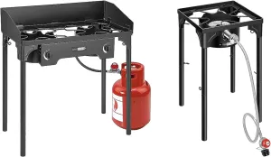 VIVOHOME Double Burner Stove 150,000 BTU/hr, Heavy Duty Outdoor Dual Propane with Windscreen with VIVOHOME Single Propane Outdoor Burner 100,000 BTU Camping Stove with Adjustable Legs