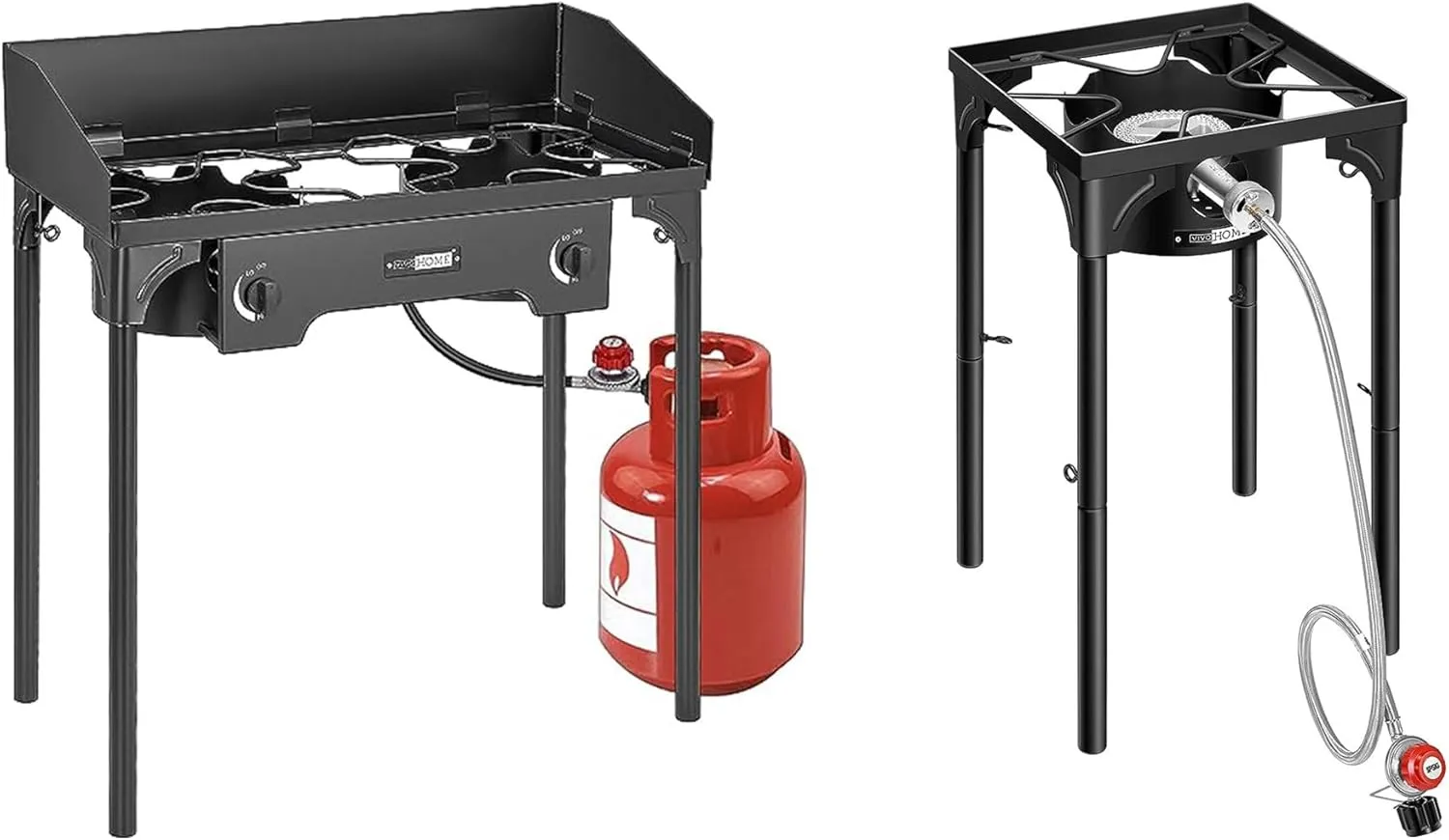 VIVOHOME Double Burner Stove 150,000 BTU/hr, Heavy Duty Outdoor Dual Propane with Windscreen with VIVOHOME Single Propane Outdoor Burner 100,000 BTU Camping Stove with Adjustable Legs
