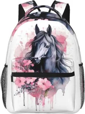 W-atercolor Horse Student Backpack With Adjustable Shoulder Straps And Cushioned Back For Comfort Black