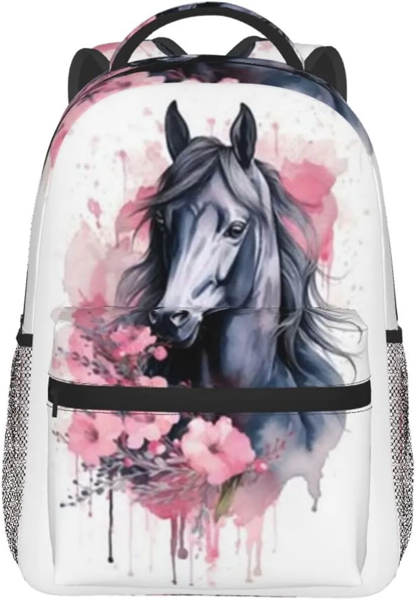 W-atercolor Horse Student Backpack With Adjustable Shoulder Straps And Cushioned Back For Comfort Black