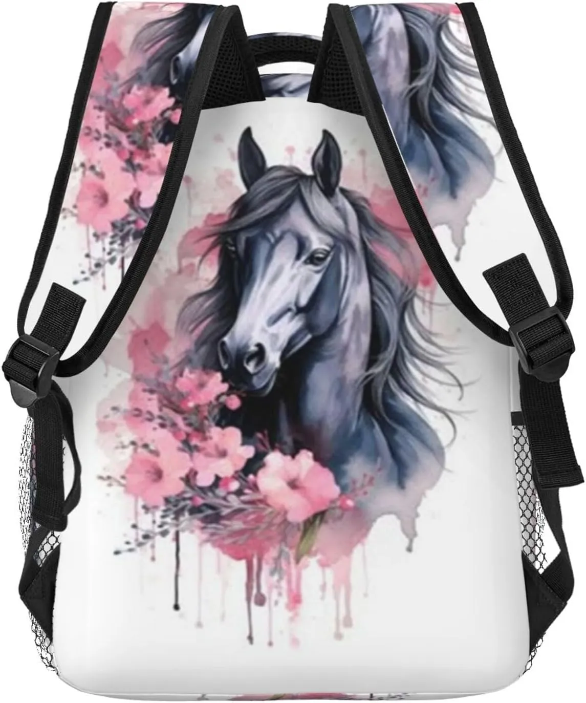 W-atercolor Horse Student Backpack With Adjustable Shoulder Straps And Cushioned Back For Comfort Black