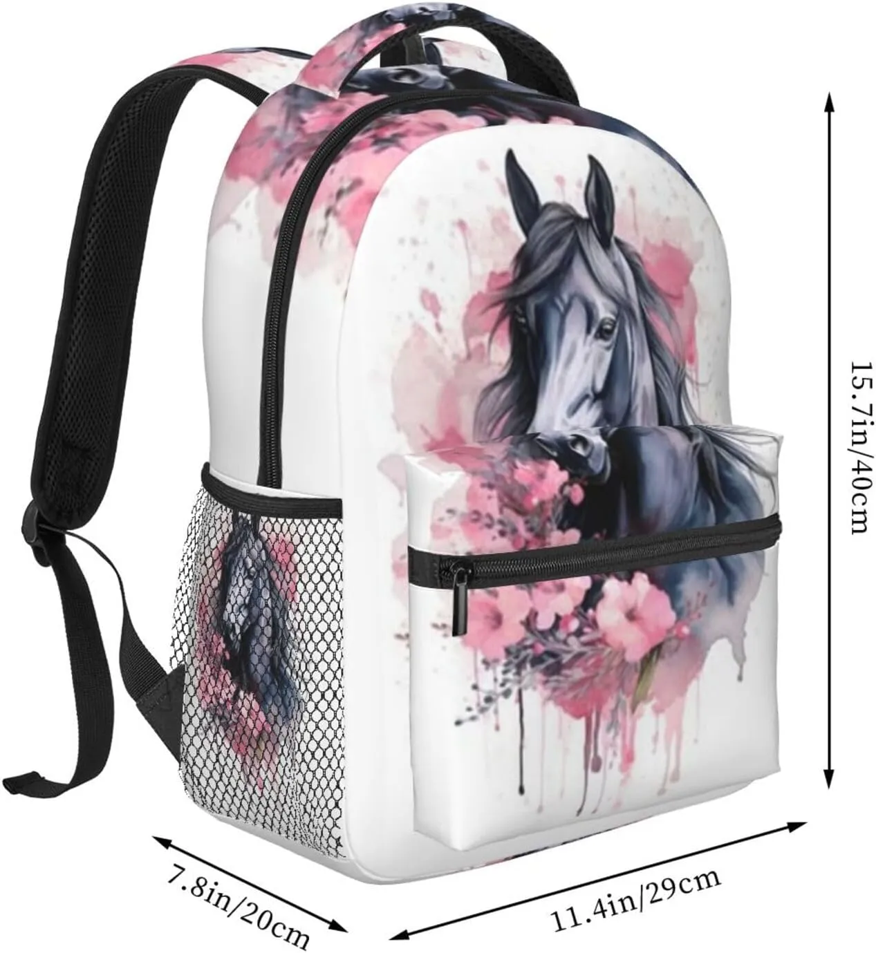 W-atercolor Horse Student Backpack With Adjustable Shoulder Straps And Cushioned Back For Comfort Black