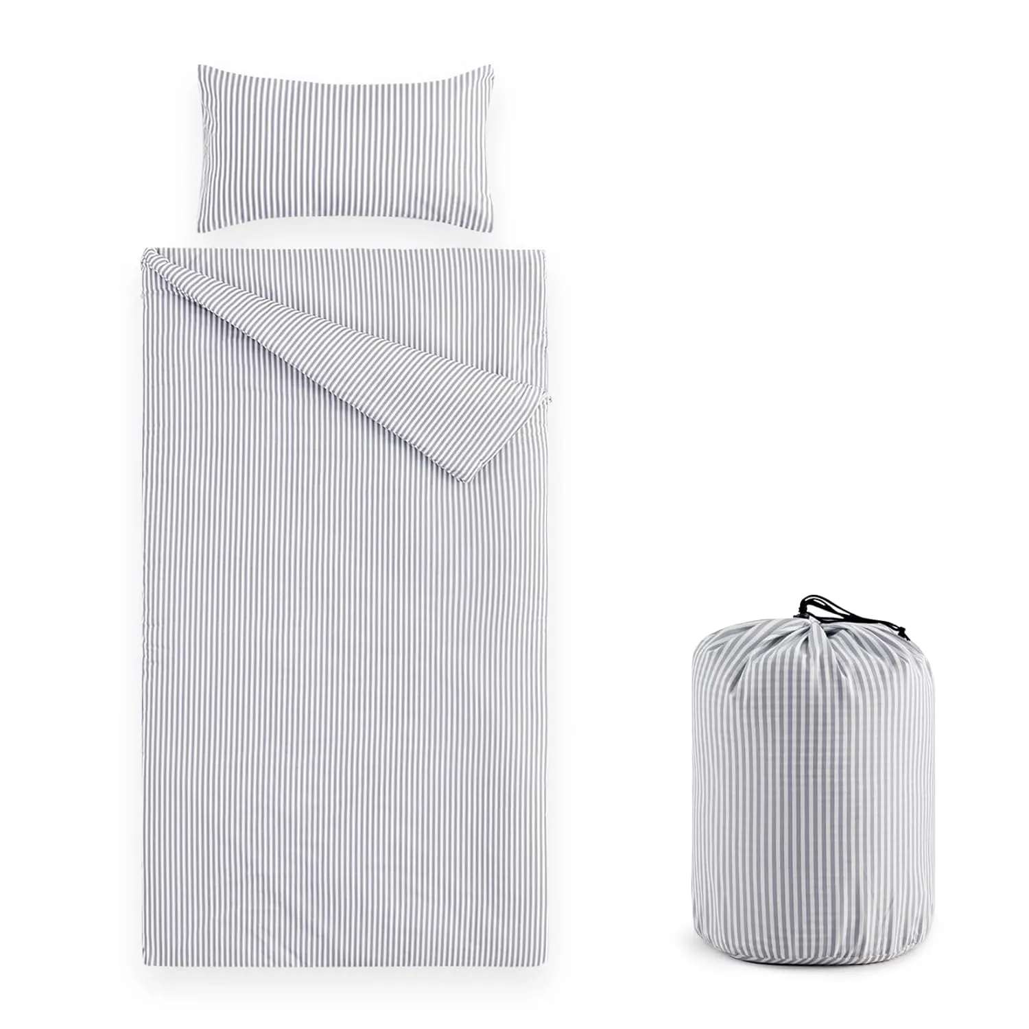 Wake In Cloud - Sleeping Bag for Kids Toddlers, Cotton Fabric, Portable Compact Lightweight Backpacking Nap Mat with Pillow and Blanket, for Boys Girls, Gray Grey White Stripes, 55" x 30"
