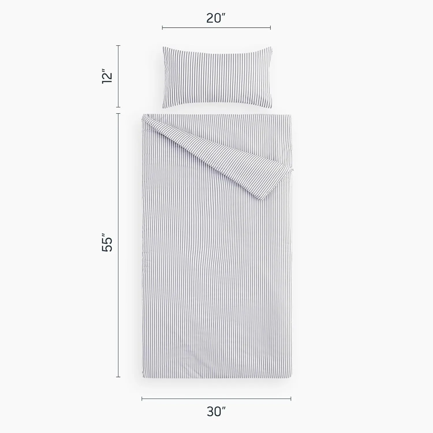 Wake In Cloud - Sleeping Bag for Kids Toddlers, Cotton Fabric, Portable Compact Lightweight Backpacking Nap Mat with Pillow and Blanket, for Boys Girls, Gray Grey White Stripes, 55" x 30"