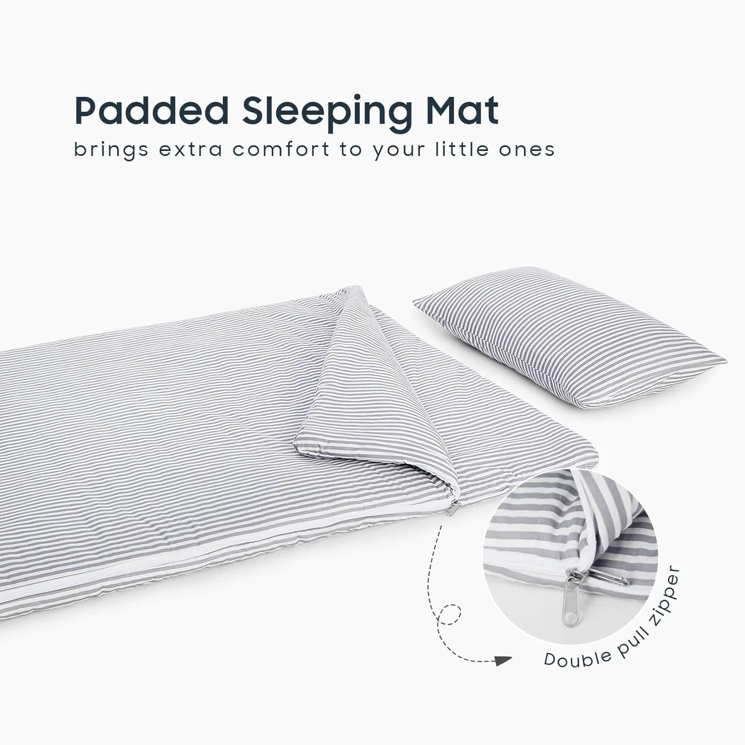 Wake In Cloud - Sleeping Bag for Kids Toddlers, Cotton Fabric, Portable Compact Lightweight Backpacking Nap Mat with Pillow and Blanket, for Boys Girls, Gray Grey White Stripes, 55" x 30"