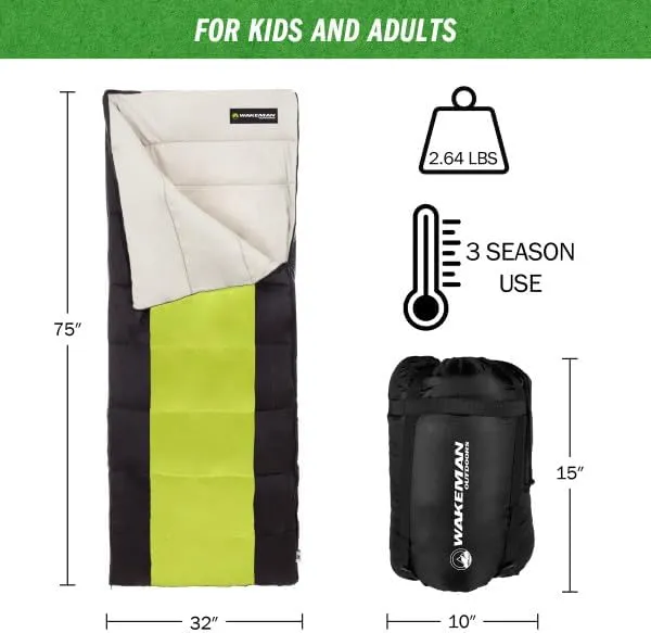 Wakeman Outdoors Sleeping Bag-Lightweight, Carrying Bag with Compression Straps Included-Great for Adults