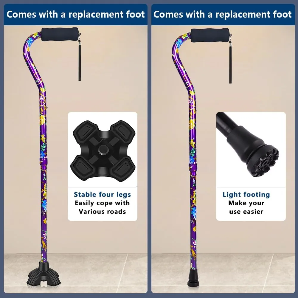 Walking Cane for Women & Men, Folding Cane Lightweight with Offset Handle, Adjustable Walking Stick for Seniors Mobility Balance, Small Base, 32-37" Flower