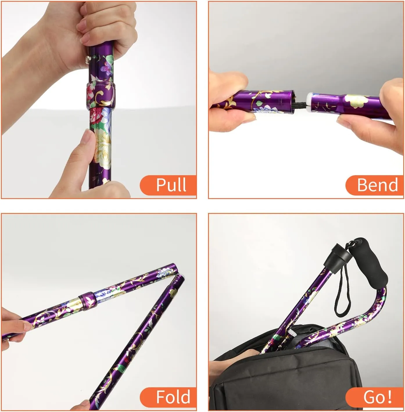 Walking Cane for Women & Men, Folding Cane Lightweight with Offset Handle, Adjustable Walking Stick for Seniors Mobility Balance, Small Base, 32-37" Flower
