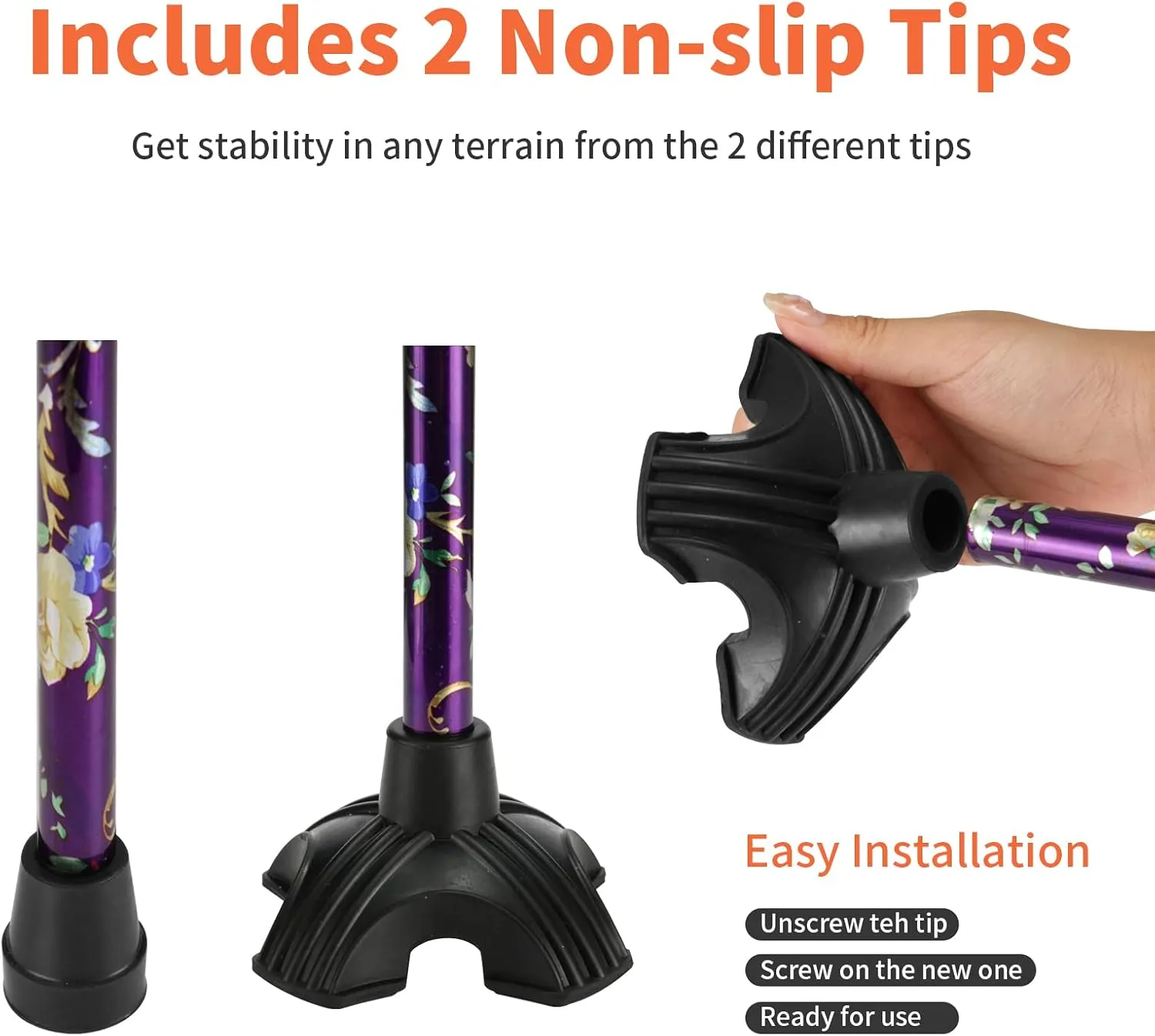 Walking Cane for Women & Men, Folding Cane Lightweight with Offset Handle, Adjustable Walking Stick for Seniors Mobility Balance, Small Base, 32-37" Flower