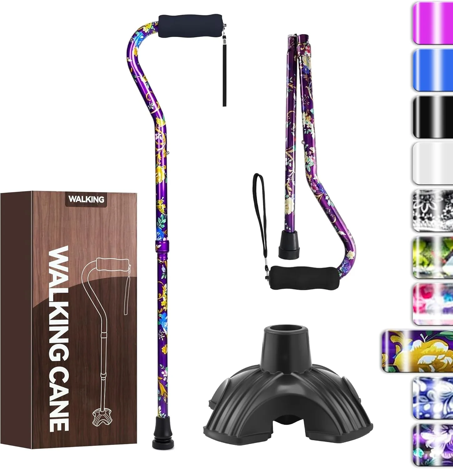 Walking Cane for Women & Men, Folding Cane Lightweight with Offset Handle, Adjustable Walking Stick for Seniors Mobility Balance, Small Base, 32-37" Flower