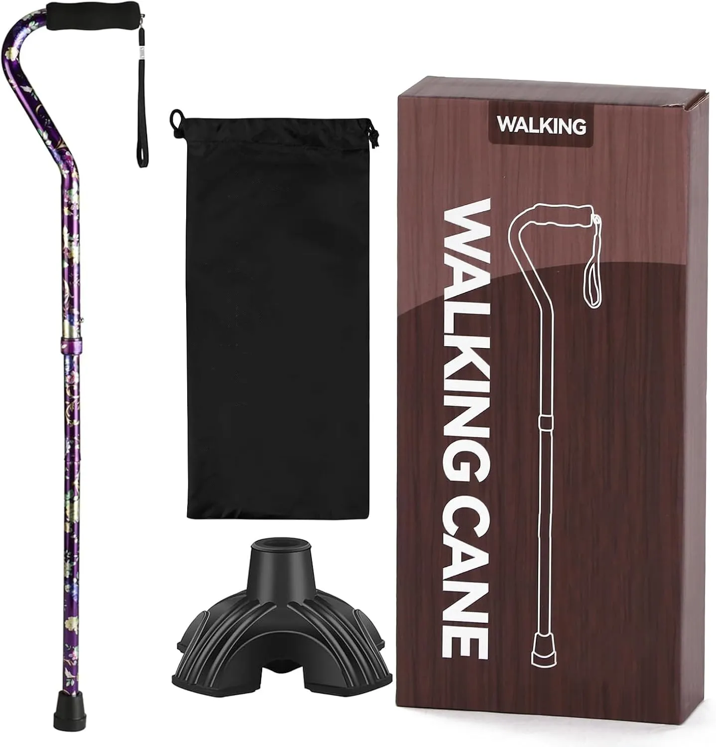 Walking Cane for Women & Men, Folding Cane Lightweight with Offset Handle, Adjustable Walking Stick for Seniors Mobility Balance, Small Base, 32-37" Flower