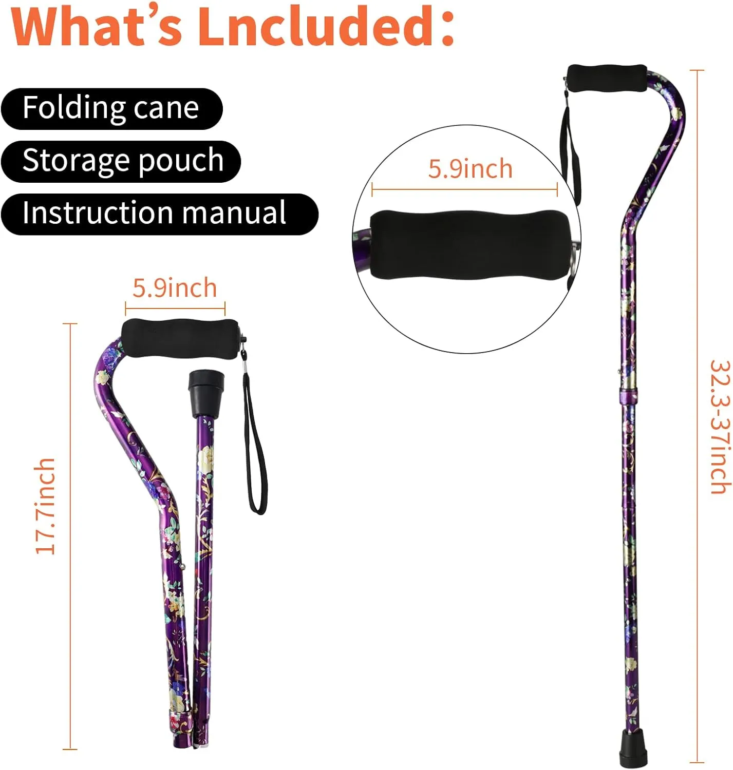 Walking Cane for Women & Men, Folding Cane Lightweight with Offset Handle, Adjustable Walking Stick for Seniors Mobility Balance, Small Base, 32-37" Flower