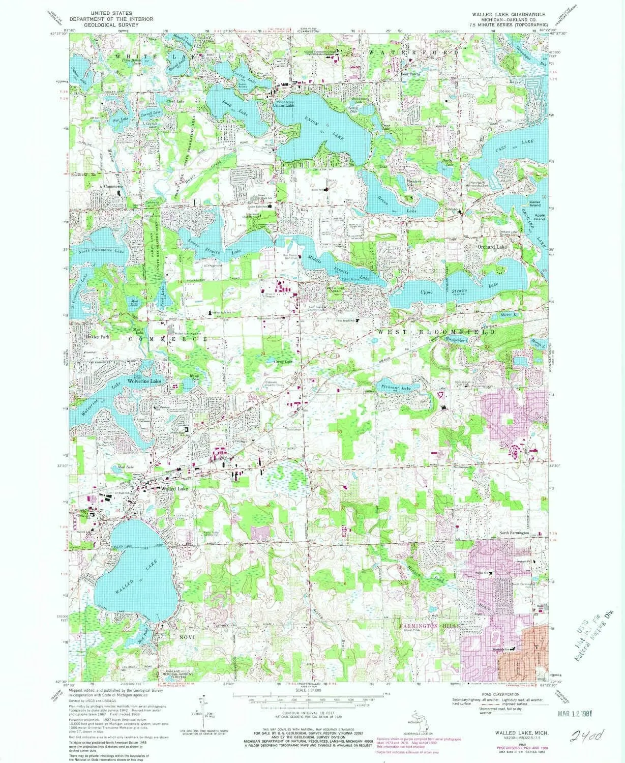 Walled Lake MI topo map, 1:24000 Scale, 7.5 X 7.5 Minute, Historical, 1969, Updated 1981, 26.8 x 22 in