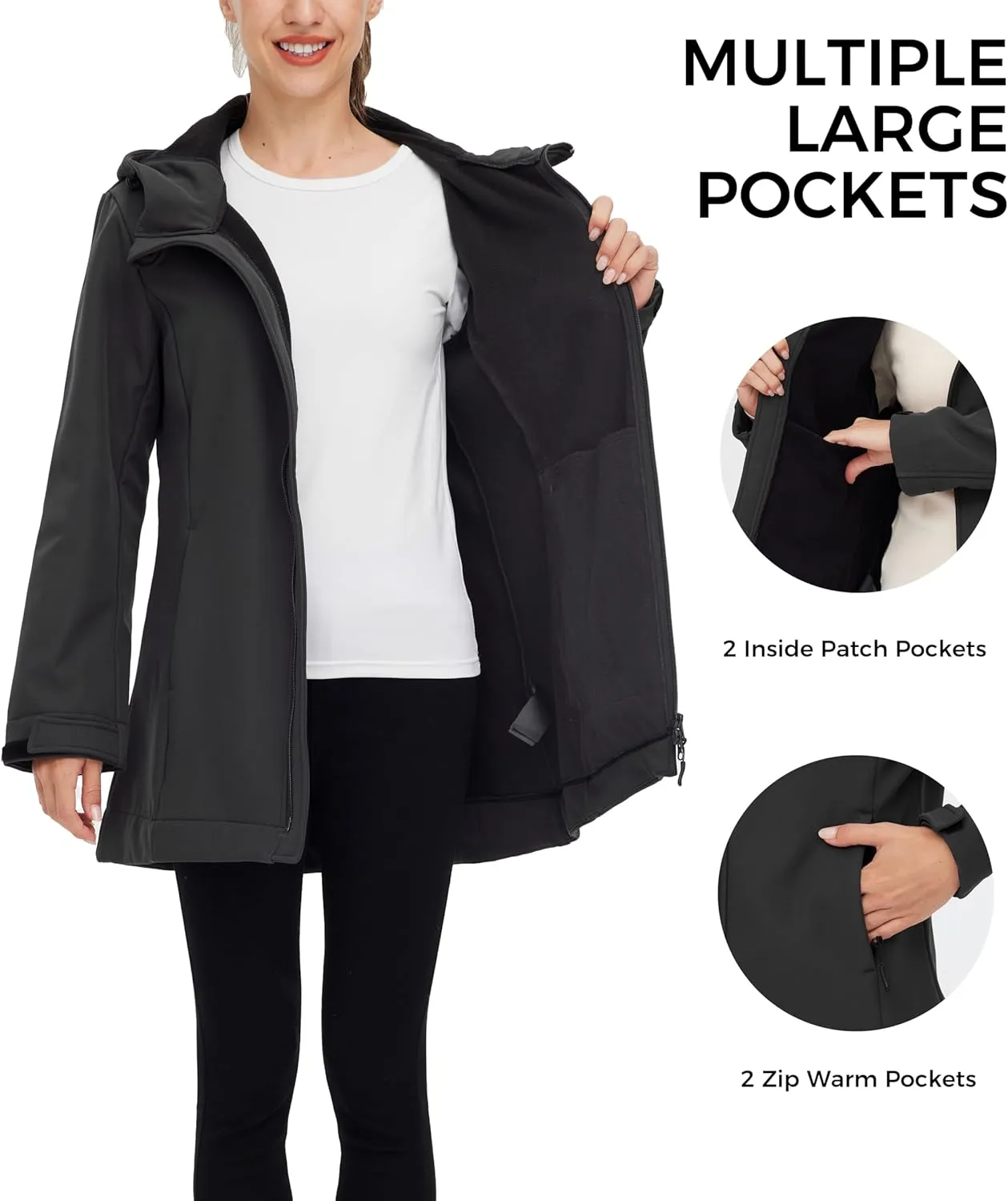 wantdo Women Softshell Jacket Fleece Lined Hooded Rain Coat Waterproof Windproof Windbreaker Jacket Lightweight Long Coat