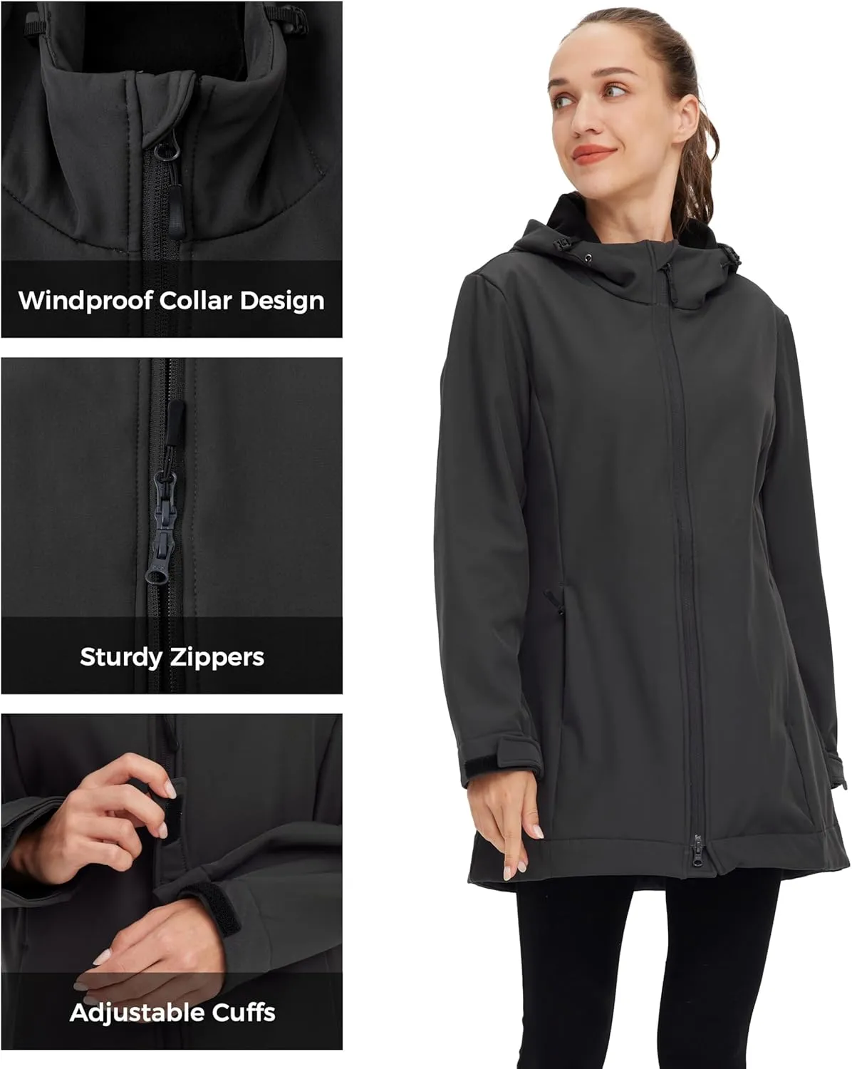 wantdo Women Softshell Jacket Fleece Lined Hooded Rain Coat Waterproof Windproof Windbreaker Jacket Lightweight Long Coat