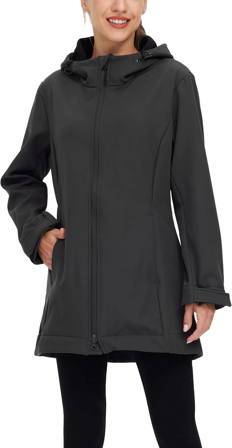 wantdo Women Softshell Jacket Fleece Lined Hooded Rain Coat Waterproof Windproof Windbreaker Jacket Lightweight Long Coat