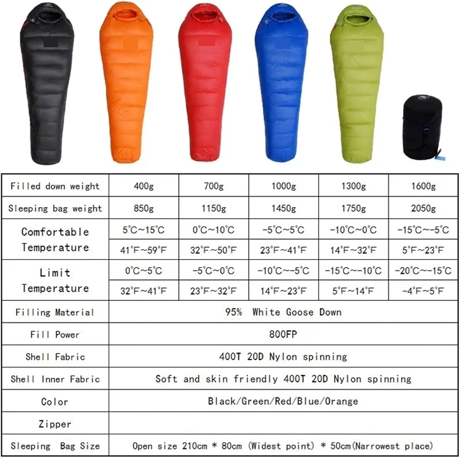 Warm White Goose Down Filled Adult Mummy Style Sleeping Bag Fit for Winter Thermal 4 Kinds of Thickness Camping Travel