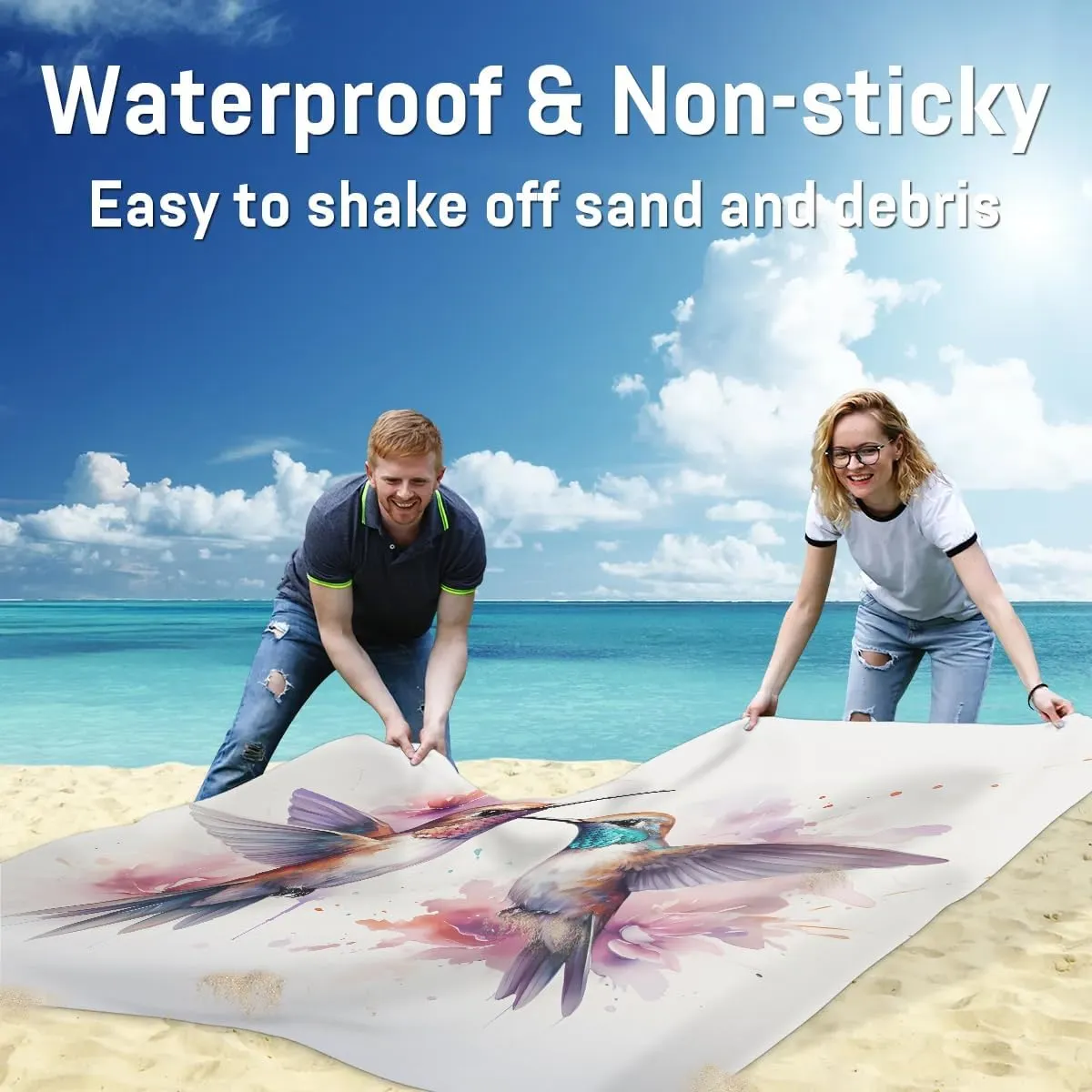 Watercolor Birds Beach Blanket, Sandproof Beach Mat, 68 x 59 Waterproof Quick Drying Sand Free Mat with 4 x Ground Spikes for Outdoor Travel Camping Hiking, Hummingbird