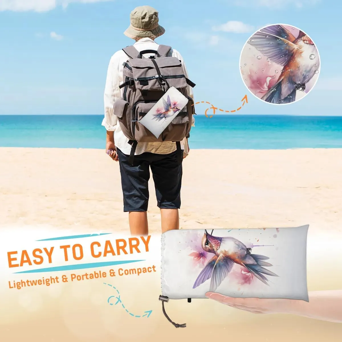 Watercolor Birds Beach Blanket, Sandproof Beach Mat, 68 x 59 Waterproof Quick Drying Sand Free Mat with 4 x Ground Spikes for Outdoor Travel Camping Hiking, Hummingbird