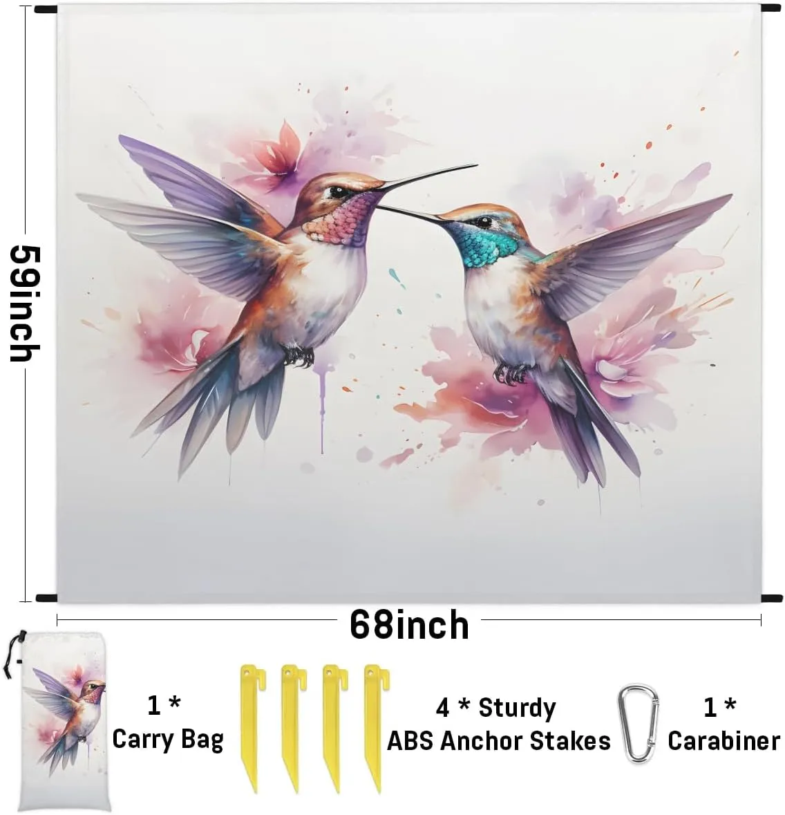 Watercolor Birds Beach Blanket, Sandproof Beach Mat, 68 x 59 Waterproof Quick Drying Sand Free Mat with 4 x Ground Spikes for Outdoor Travel Camping Hiking, Hummingbird
