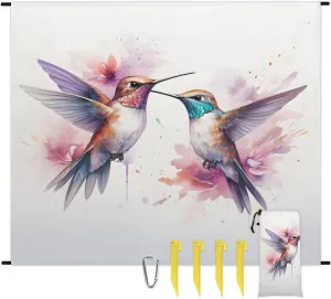 Watercolor Birds Beach Blanket, Sandproof Beach Mat, 68 x 59 Waterproof Quick Drying Sand Free Mat with 4 x Ground Spikes for Outdoor Travel Camping Hiking, Hummingbird