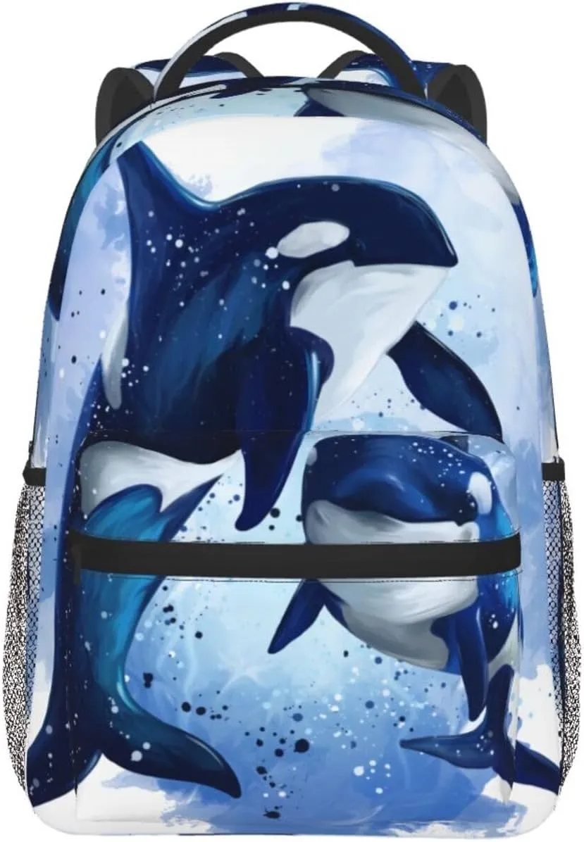 Watercolor Two Killer Whales Backpack Laptop Backpack Sports Travel Shoulder bag Light casual backpack