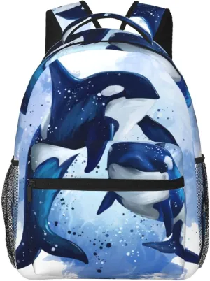 Watercolor Two Killer Whales Backpack Laptop Backpack Sports Travel Shoulder bag Light casual backpack