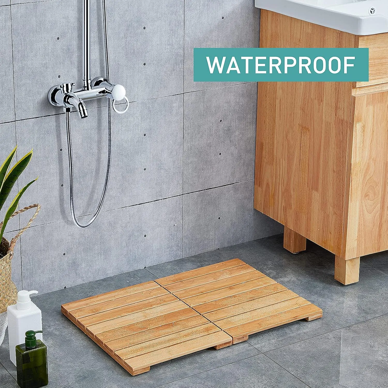 Waterproof Bamboo Bath Mat for Shower, Wooden Floor Mat for Bathroom, Foldable | Non-Slip | Heavy Duty, Shower Mat for Indoor Outdoor, 23.5in x 15.6in
